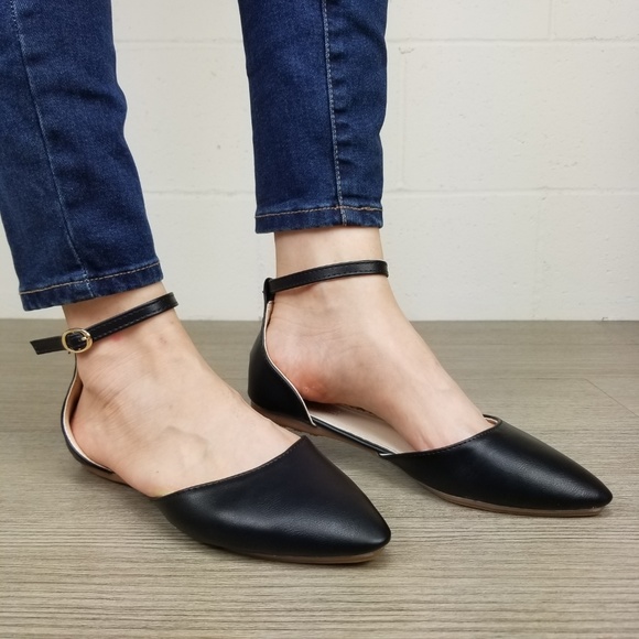 Ankle Strap Pointed Toe Ballerina Flats-M 13133 - Picture 5 of 8